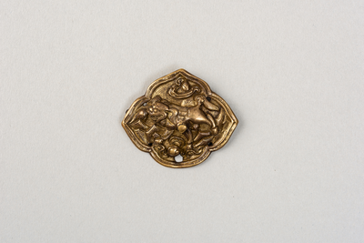 Brass fitting with lion dog and Buddhist emblems