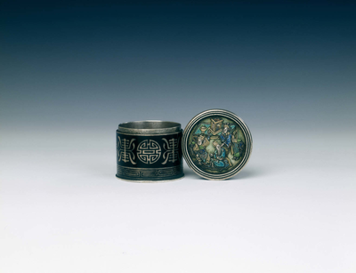 Enamelled silver opium box with niello inlaysLate