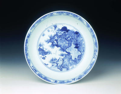 Blue and white dish with landscape in 'Master of