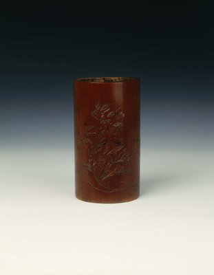 Bamboo brush pot with incised prunus/peony spray