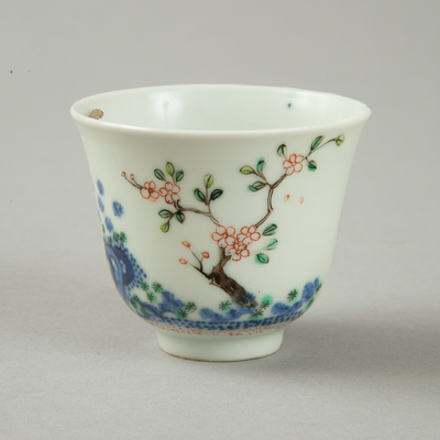 Underglaze blue month cup with polychrome