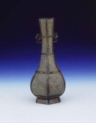 Hexagonal bronze vase with cloud-shaped handles