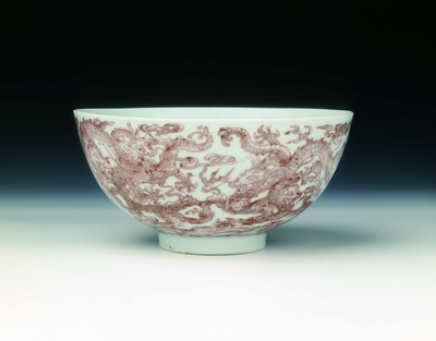 Bowl with nine dragons in underglaze red