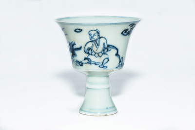 Blue and white stem cup with two scholars in