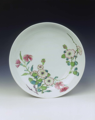 Famille rose saucer with floral sprays; inventory
