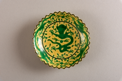 Imperial yellow saucer with green dragonsQing