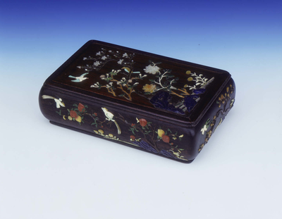 Wooden box with mother of pearl and hard stone