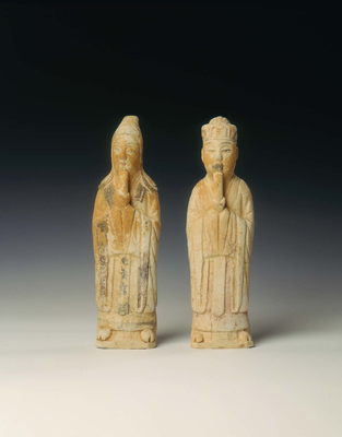 Unglazed pottery officials holding