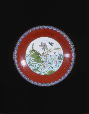 Cloisonne plate with herons in a lotus pool19th
