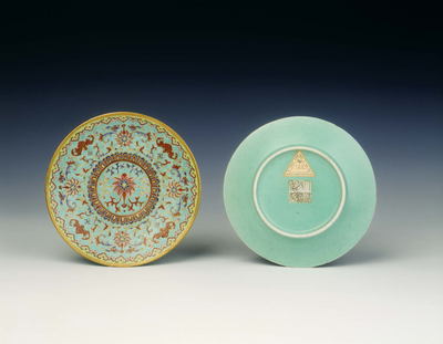 Pair of porcelain saucers imitating cloisonne