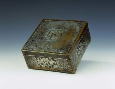 Bronze seal paste box with silver inlays of