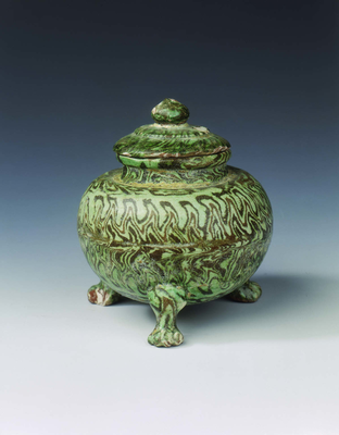 Green marbleware tripod jar and cover