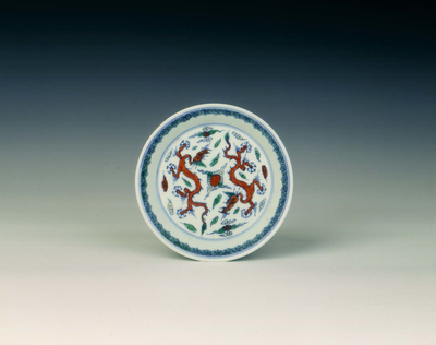 Doucai saucer with two orange four-clawed