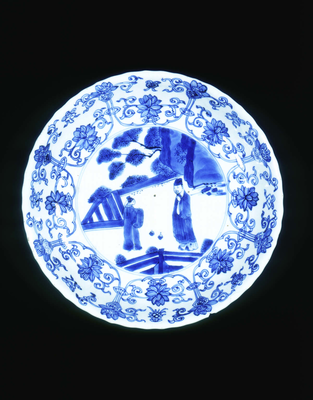 Blue and white plate with scholar and attendant