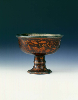 Lacquer stem cup with Buddhist emblems and
