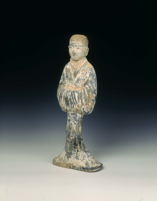 Grey pottery standing woman with plaited