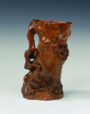 Bamboo brushpot carved as section of a pine