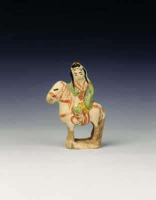 Cizhou figure of woman on horse with polychrome