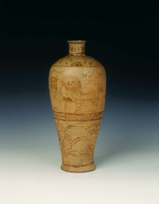 Brown painted vase and cover with Buddhist lion