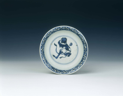 Blue and white saucer with Kuixing kicking a ladle
