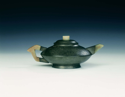 Yixing pewter covered and jade mounted tea pot