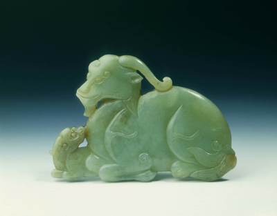 Jade mythical animal and young plaque14th-15th