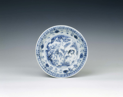 Blue and white dish with deer
