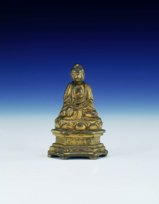 Dated gilt-bronze seated Buddha on plinth with