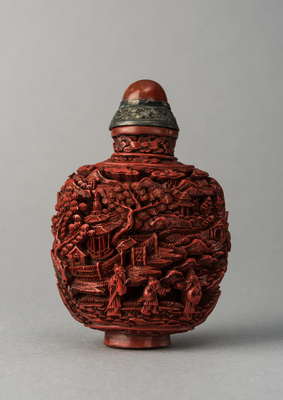 Lacquer snuff bottle with extensive decoration of