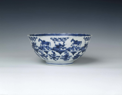 Blue and white bowl with horses carrying books