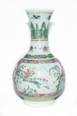 Famille rose vase with landscape decoration and
