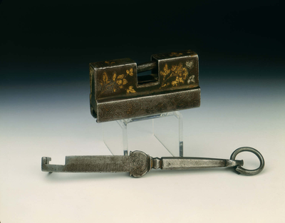 Iron lock and key with incised and gilded floral