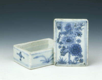 Blue and white rectangular covered box with