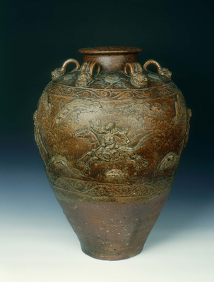 Martaban jar with scene from Story of the White