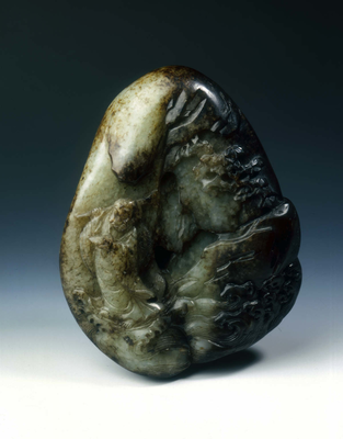 Jade pebble with Bodhidharma crossing a mountain