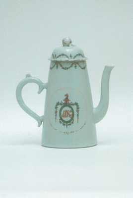 Conical coffee pot and lid with crest of
