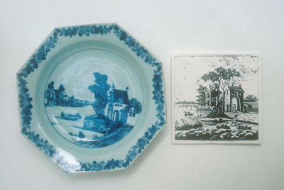 Octagonal Blue and White plate with Dutch house