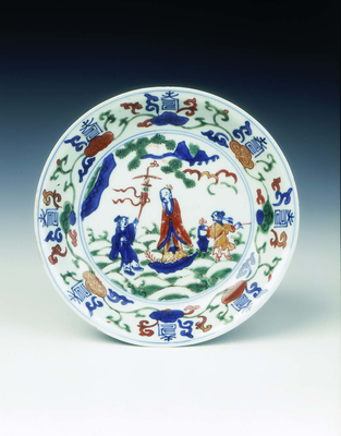 Wucai saucer with immortal and attendantsMing